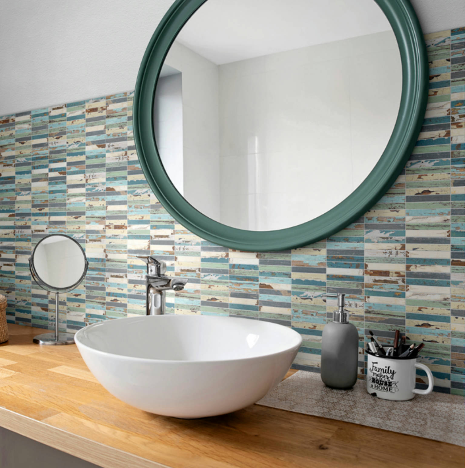 0.7x4 Wood Rectangles Mix Beige/Blue Ceramic Mosaic | Demolive
