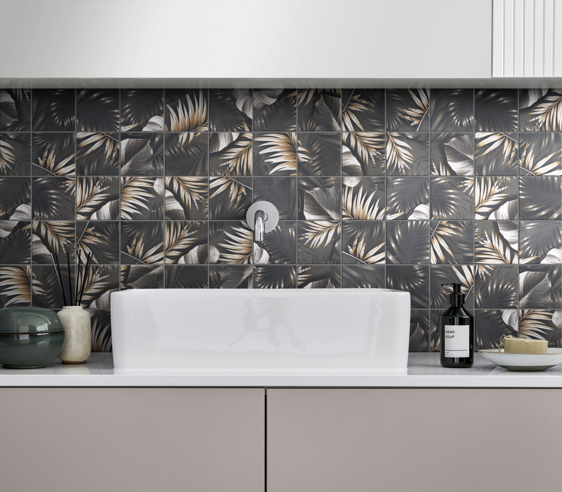 4"x4" Floral Palm Grey Beige Mosaic  | Demolive
