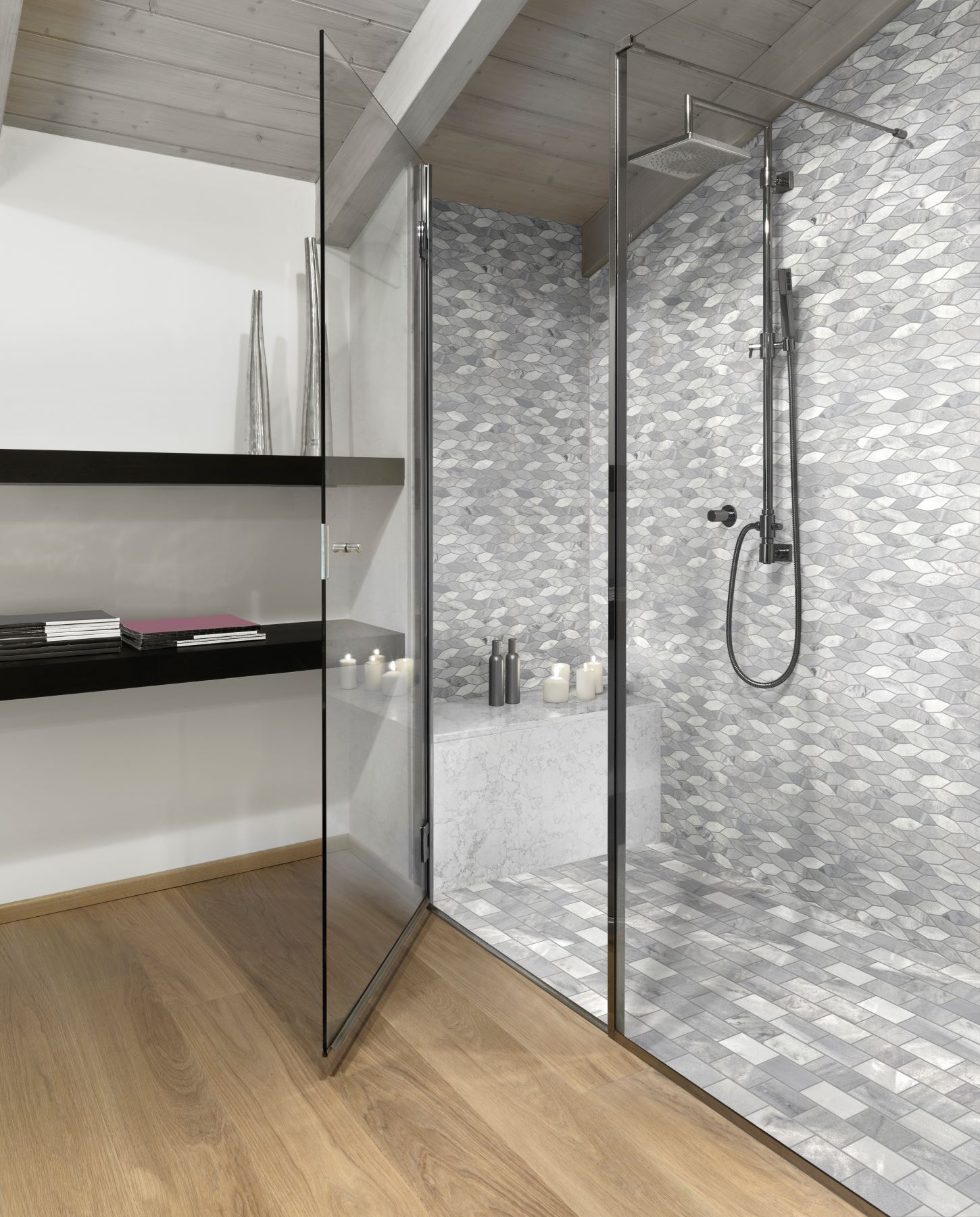 Elongated Hexagon Ice Grey + 2"x4" Brick Ice Grey Mosaic | Demolive