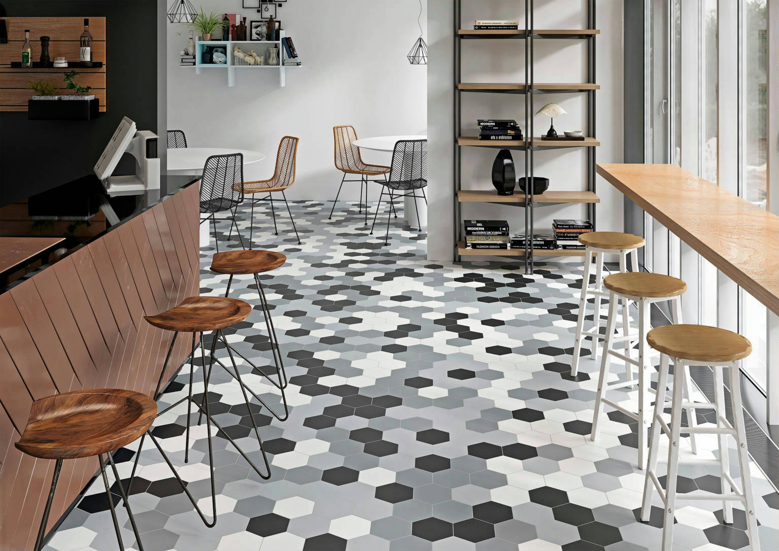 Vida 5.5X6.3” Black, Grey, Pearl, and White  Hexagons | Demolive